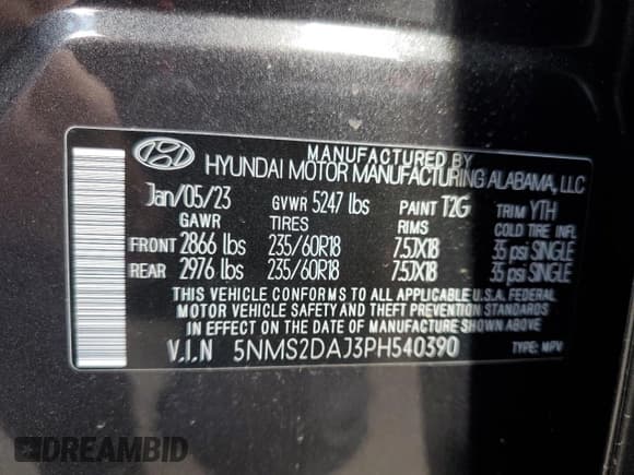 ✅ 2023 Hyundai Santa Fe SEL • VIN: 5NMS2DAJ3PH540390 • Lot: 66821133. Wystawiony na Copart z przebiegiem 1 905 mil. Bezpłatny archiwum sprzedaży aukcyjnych z USA i szczegółowy raport historii pojazdu na DreamBid. Zdjęcie 13.