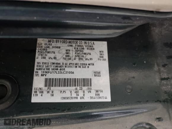 ✅ 2003 Ford Expedition Eddie Bauer • VIN: 1FMFU17L33LC31056 • Lot: 55680275. Listed on Copart with 124,379 mi. Free auction sales archive from the USA and detailed vehicle history report at DreamBid. Image 13.