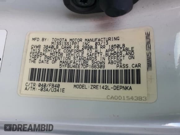 ✅ 2013 Toyota Corolla L • VIN: 5YFBU4EE7DP166309 • Lot: 90689645. Listed on Copart with 176,695 mi. Free auction sales archive from the USA and detailed vehicle history report at DreamBid. Image 12.