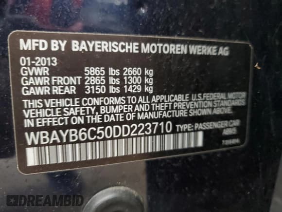 ✅ 2013 BMW 7 Series 750i xDrive • VIN: WBAYB6C50DD223710 • Lot: 71781475. Listed on Copart with 117,600 mi. Free auction sales archive from the USA and detailed vehicle history report at DreamBid. Image 12.