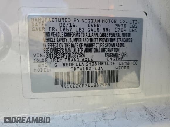 ✅ 2016 Nissan Note SV • VIN: 3N1CE2CP7GL387424 • Lot: 94412915. Wystawiony na Copart z przebiegiem 132 874 mil. Bezpłatny archiwum sprzedaży aukcyjnych z USA i szczegółowy raport historii pojazdu na DreamBid. Zdjęcie 12.