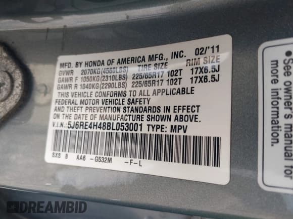 ✅ 2011 Honda CR-V SE • VIN: 5J6RE4H48BL053001 • Lot: 42920161. Listed on IAAI with 143,184 mi. Free auction sales archive from the USA and detailed vehicle history report at DreamBid. Image 9.