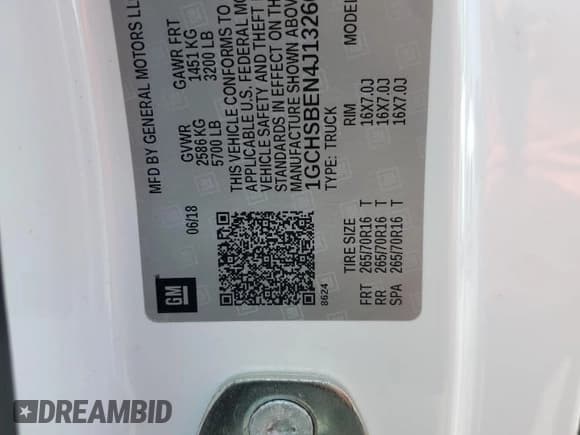 ✅ 2018 Chevrolet Colorado 2WD Work Truck • VIN: 1GCHSBEN4J1326697 • Lot: 45607535. Listed on Copart with Not provided. Free auction sales archive from the USA and detailed vehicle history report at DreamBid. Image 13.