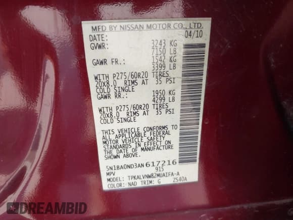 ✅ 2010 Nissan Armada Titanium • VIN: 5N1BA0ND3AN617216 • Лот: 43072414. Опубликован ранее на IAAI с пробегом Не указан. Бесплатный доступ к архиву аукционных продаж из США и подробный отчёт об истории автомобиля на DreamBid. Изображение 9.