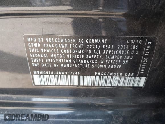 ✅ 2010 Volkswagen Golf GTI • VIN: WVWGV7AJ4AW337740 • Lot: 41472317. Listed on IAAI with 84,763 mi. Free auction sales archive from the USA and detailed vehicle history report at DreamBid. Image 9.