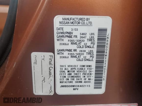 ✅ 2003 Infiniti FX Options • VIN: JNRBS08WX3X402115 • Lot: 60495435. Listed on Copart with 214,983 mi. Free auction sales archive from the USA and detailed vehicle history report at DreamBid. Image 14.