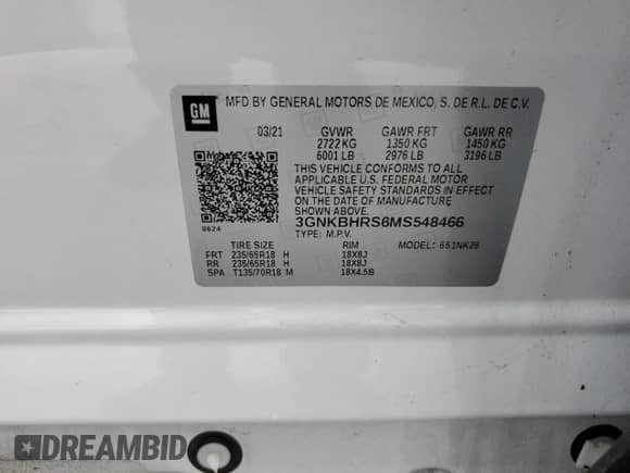 2021 Chevrolet Blazer LT with VIN 3GNKBHRS6MS548466, listed as a Copart auction lot 72961914 with 63,299 mi miles and Salvage title. Bid and sale history available at DreamBid. Image 14.