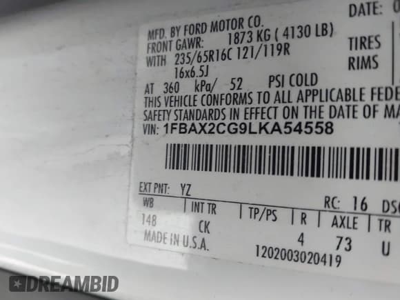 ✅ 2020 Ford Transit XLT • VIN: 1FBAX2CG9LKA54558 • Lot: 43695256. Wystawiony na IAAI z przebiegiem 53 652 mil. Bezpłatny archiwum sprzedaży aukcyjnych z USA i szczegółowy raport historii pojazdu na DreamBid. Zdjęcie 9.