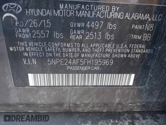 2015 Hyundai Sonata SE with VIN 5NPE24AF5FH195969, listed as a IAAI auction lot 43497384 with 150,249 mi miles and . Bid and sale history available at DreamBid. Image 9.