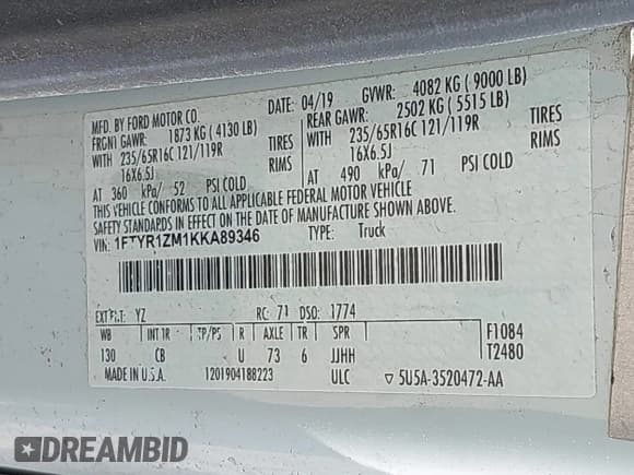 ✅ 2019 Ford Transit • VIN: 1FTYR1ZM1KKA89346 • Lot: 42585043. Wystawiony na IAAI z przebiegiem 103 067 mil. Bezpłatny archiwum sprzedaży aukcyjnych z USA i szczegółowy raport historii pojazdu na DreamBid. Zdjęcie 9.