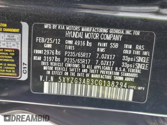 2012 Hyundai Santa Fe GLS with VIN 5XYZG3AB3CG138294, listed as a Copart auction lot 70287024 with 129,627 mi miles and Salvage title. Bid and sale history available at DreamBid. Image 14.