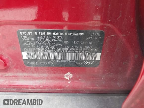 ✅ 2019 Mitsubishi Outlander SE • VIN: JA4AP4AU0KU024474 • Lot: 42327966. Wystawiony na IAAI z przebiegiem 176 558 mil. Bezpłatny archiwum sprzedaży aukcyjnych z USA i szczegółowy raport historii pojazdu na DreamBid. Zdjęcie 9.