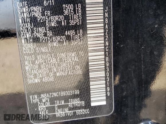 ✅ 2011 Infiniti QX56 8-passenger • VIN: JN8AZ2NC1B9303199 • Lot: 68777085. Listed on Copart with 169,035 mi. Free auction sales archive from the USA and detailed vehicle history report at DreamBid. Image 12.