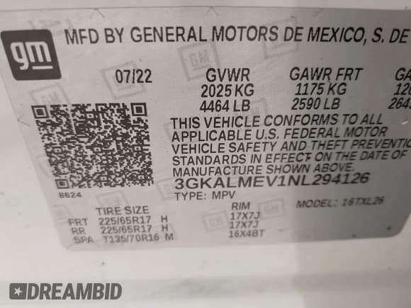 ✅ 2022 GMC Terrain SLE • VIN: 3GKALMEV1NL294126 • Lot: 43271279. Listed on IAAI with Not provided. Free auction sales archive from the USA and detailed vehicle history report at DreamBid. Image 9.