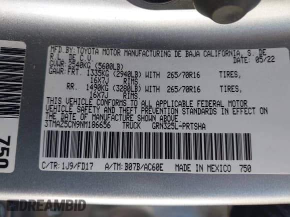 2022 Toyota Tacoma SR5 with VIN 3TMAZ5CN9NM186656, listed as a IAAI auction lot 43253480 with 25,540 mi miles and . Bid and sale history available at DreamBid. Image 9.