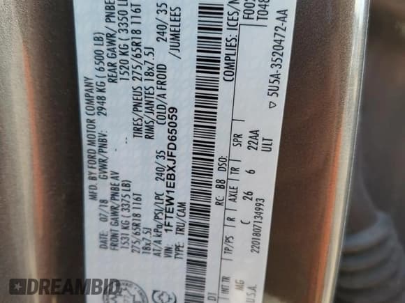 ✅ 2018 Ford F-150 XL • VIN: 1FTEW1EBXJFD65059 • Lot: 92469795. Wystawiony na Copart z przebiegiem 93 550 mil. Bezpłatny archiwum sprzedaży aukcyjnych z USA i szczegółowy raport historii pojazdu na DreamBid. Zdjęcie 12.