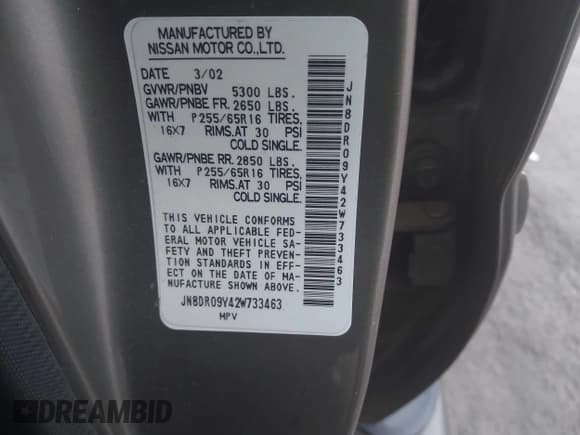 ✅ 2002 Nissan Pathfinder LE • VIN: JN8DR09Y42W733463 • Lot: 42077161. Listed on IAAI with 174,661 mi. Free auction sales archive from the USA and detailed vehicle history report at DreamBid. Image 9.