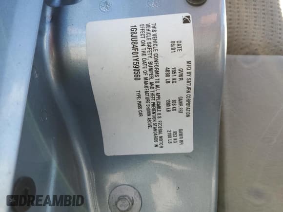 ✅ 2001 Saturn LW • VIN: 1G8JU84F01Y590560 • Lot: 48058405. Listed on Copart with 244,305 mi. Free auction sales archive from the USA and detailed vehicle history report at DreamBid. Image 14.