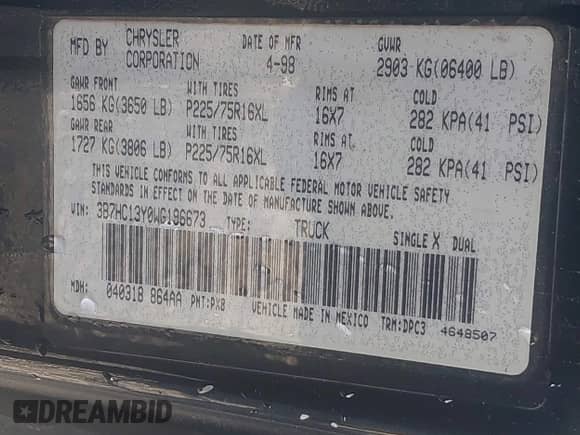 1998 Dodge 1500 with VIN 3B7HC13Y0WG196673, listed as a IAAI auction lot 43391085 with 328,755 mi miles and . Bid and sale history available at DreamBid. Image 9.
