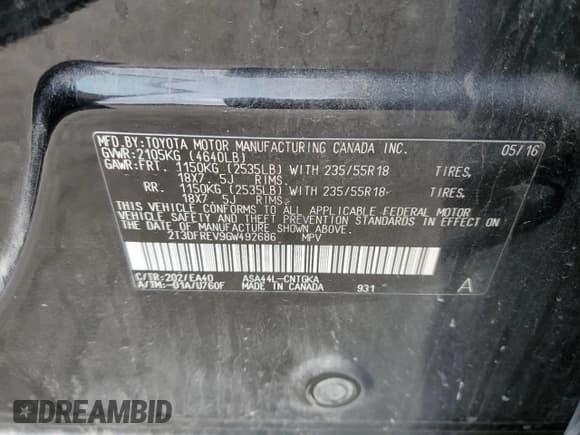 ✅ 2016 Toyota RAV4 Limited • VIN: 2T3DFREV9GW492686 • Lot: 86533425. Listed on Copart with 145,047 mi. Free auction sales archive from the USA and detailed vehicle history report at DreamBid. Image 13.