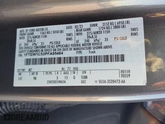 ✅ 2023 Ford F-150 Platinum • VIN: 1FTEW1C53PFA95484 • Лот: 92656455. Опубликован ранее на Copart с пробегом Не указан. Бесплатный доступ к архиву аукционных продаж из США и подробный отчёт об истории автомобиля на DreamBid. Изображение 12.