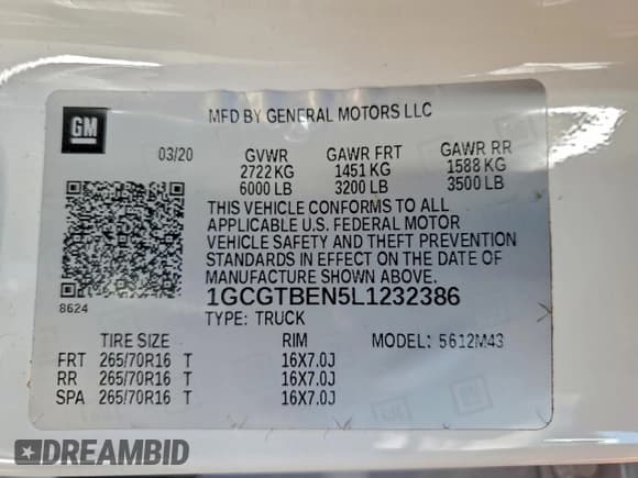 ✅ 2020 Chevrolet Colorado 4WD Work Truck • VIN: 1GCGTBEN5L1232386 • Lot: 93782615. Listed on Copart with 79,579 mi. Free auction sales archive from the USA and detailed vehicle history report at DreamBid. Image 12.