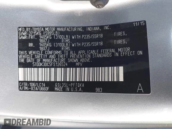 ✅ 2015 Toyota Sienna Limited • VIN: 5TDDK3DC5FS126524 • Lot: 42724732. Listed on IAAI with 98,946 mi. Free auction sales archive from the USA and detailed vehicle history report at DreamBid. Image 9.