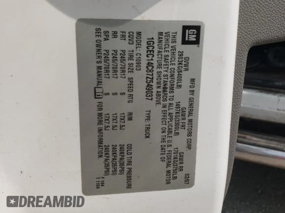 ✅ 2007 Chevrolet Silverado 1500 Work Truck • VIN: 1GCEC14C87Z549037 • Lot: 60250355. Wystawiony na Copart z przebiegiem 371 550 mil. Bezpłatny archiwum sprzedaży aukcyjnych z USA i szczegółowy raport historii pojazdu na DreamBid. Zdjęcie 12.