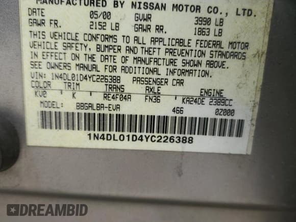 ✅ 2000 Nissan Altima XE • VIN: 1N4DL01D4YC226388 • Лот: 71085554. Опубликован ранее на Copart с пробегом 137 279 миль. Бесплатный доступ к архиву аукционных продаж из США и подробный отчёт об истории автомобиля на DreamBid. Изображение 14.