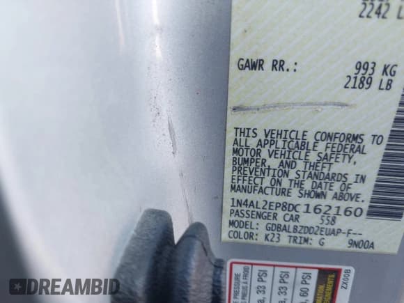 ✅ 2013 Nissan Altima S • VIN: 1N4AL2EP8DC162160 • Lot: 43589353. Listed on IAAI with 200,970 mi. Free auction sales archive from the USA and detailed vehicle history report at DreamBid. Image 9.