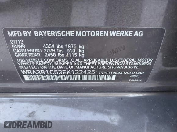 ✅ 2014 BMW 3 Series 320i • VIN: WBA3B1C53EK132425 • Лот: 43211383. Опубликован ранее на IAAI с пробегом 137 663 миль. Бесплатный доступ к архиву аукционных продаж из США и подробный отчёт об истории автомобиля на DreamBid. Изображение 9.