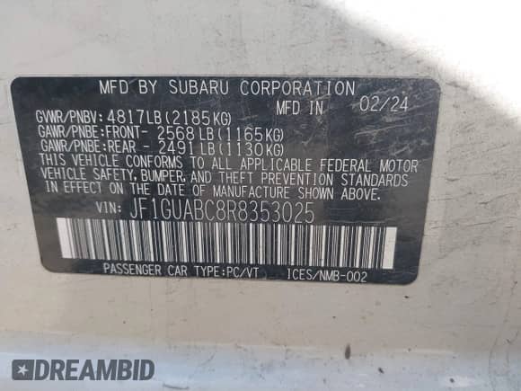 2024 Subaru Impreza с VIN JF1GUABC8R8353025, выставлен на аукционе IAAI как лот 43107861 с пробегом Не указан миль и . История ставок и продаж доступна на DreamBid. Изображение 9.