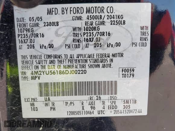 2006 Mercury Mariner Luxury z VIN 4M2YU56186DJ00220, wystawiony jako IAAI lot #42174056 z przebiegiem 208 820 mil mil oraz . Historia ofert i sprzedaży dostępna na DreamBid. Obrazek 9.