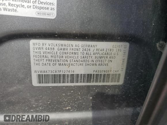 ✅ 2007 Volkswagen Passat Wolfsburg Edition • VIN: WVWAK73C87P127416 • Lot: 64365085. Wystawiony na Copart z przebiegiem Nie podano. Bezpłatny archiwum sprzedaży aukcyjnych z USA i szczegółowy raport historii pojazdu na DreamBid. Zdjęcie 12.