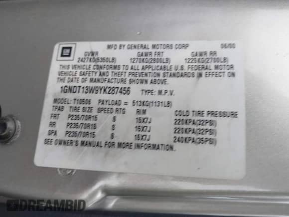 2000 Chevrolet Blazer LT с VIN 1GNDT13W9YK287456, выставлен на аукционе IAAI как лот 42450504 с пробегом 139 649 миль миль и . История ставок и продаж доступна на DreamBid. Изображение 9.