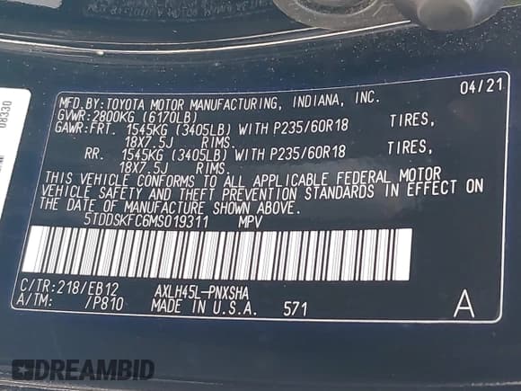 ✅ 2021 Toyota Sienna XSE • VIN: 5TDDSKFC6MS019311 • Lot: 43581691. Listed on IAAI with 85,079 mi. Free auction sales archive from the USA and detailed vehicle history report at DreamBid. Image 9.