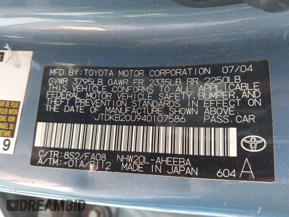 ✅ 2004 Toyota Prius • VIN: JTDKB20U940107586 • Lot: 43797462. Wystawiony na IAAI z przebiegiem 109 759 mil. Bezpłatny archiwum sprzedaży aukcyjnych z USA i szczegółowy raport historii pojazdu na DreamBid. Zdjęcie 9.