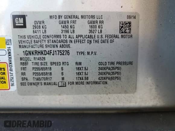 2015 Chevrolet Traverse LT z VIN 1GNKRHKD4FJ175276, wystawiony jako Copart lot #70574925 z przebiegiem 144 793 mil mil oraz Szkoda całkowita • Salvage title. Historia ofert i sprzedaży dostępna na DreamBid. Obrazek 13.