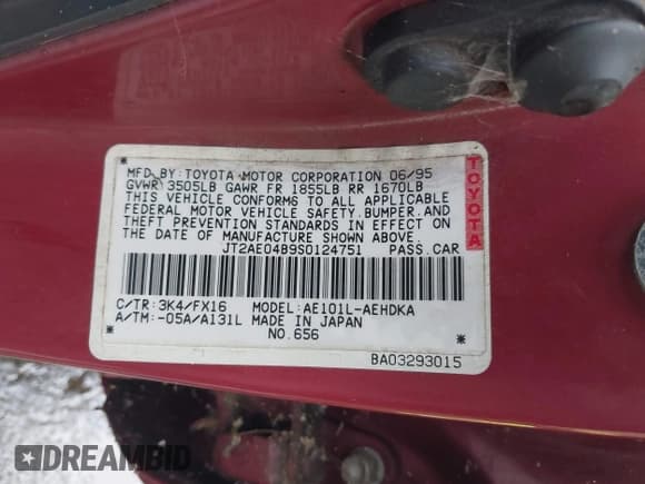 ✅ 1995 Toyota Corolla • VIN: JT2AE04B9S0124751 • Lot: 43699514. Wystawiony na IAAI z przebiegiem 222 190 mil. Bezpłatny archiwum sprzedaży aukcyjnych z USA i szczegółowy raport historii pojazdu na DreamBid. Zdjęcie 9.