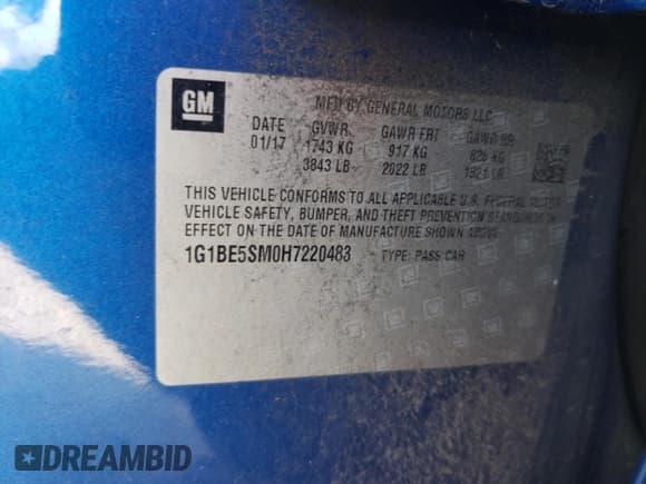 ✅ 2017 Chevrolet Cruze LT • VIN: 1G1BE5SM0H7220483 • Lot: 39558253. Listed on Copart with 54,844 mi. Free auction sales archive from the USA and detailed vehicle history report at DreamBid. Image 14.