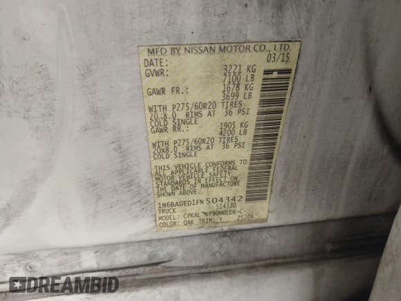 ✅ 2015 Nissan Titan SL • VIN: 1N6BA0ED1FN504342 • Lot: 43410292. Listed on IAAI with 168,238 mi. Free auction sales archive from the USA and detailed vehicle history report at DreamBid. Image 9.