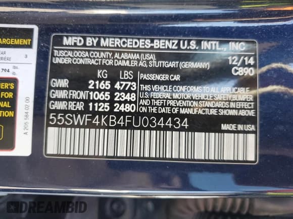 ✅ 2015 Mercedes-Benz C 300 Luxury • VIN: 55SWF4KB4FU034434 • Lot: 92852865. Listed on Copart with 133,717 mi. Free auction sales archive from the USA and detailed vehicle history report at DreamBid. Image 13.