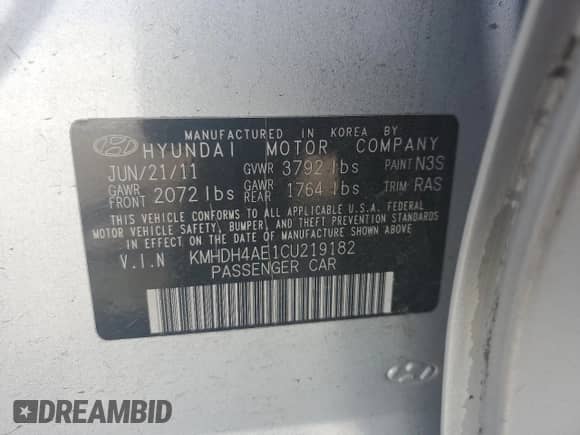 2012 Hyundai Elantra Limited с VIN KMHDH4AE1CU219182, выставлен на аукционе Copart как лот 65952175 с пробегом 202 258 миль миль и Списание • Salvage title. История ставок и продаж доступна на DreamBid. Изображение 12.