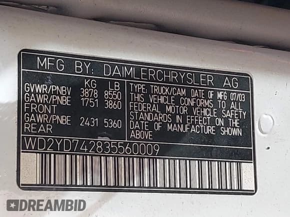 ✅ 2003 Dodge Sprinter • VIN: WD2YD742835560009 • Lot: 43763987. Listed on IAAI with 113,429 mi. Free auction sales archive from the USA and detailed vehicle history report at DreamBid. Image 9.