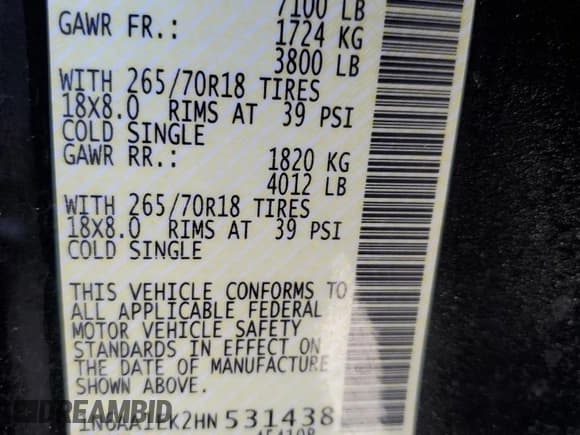 ✅ 2017 Nissan Titan S • VIN: 1N6AA1EK2HN531438 • Lot: 93061545. Listed on Copart with 172,005 mi. Free auction sales archive from the USA and detailed vehicle history report at DreamBid. Image 12.