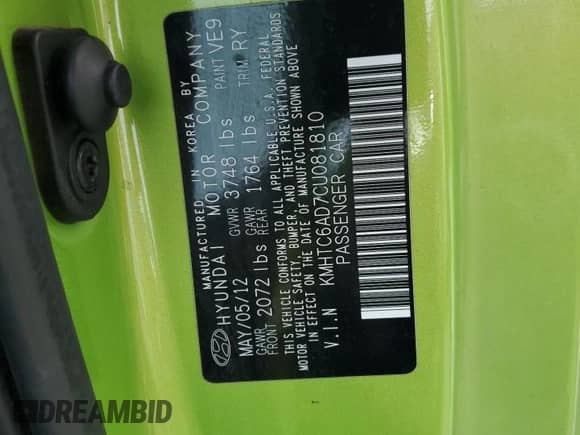 2012 Hyundai Veloster w/Red Int z VIN KMHTC6AD7CU081810, wystawiony jako Copart lot #85392454 z przebiegiem 172 747 mil mil oraz Czysty tytuł • Clean title. Historia ofert i sprzedaży dostępna na DreamBid. Obrazek 12.