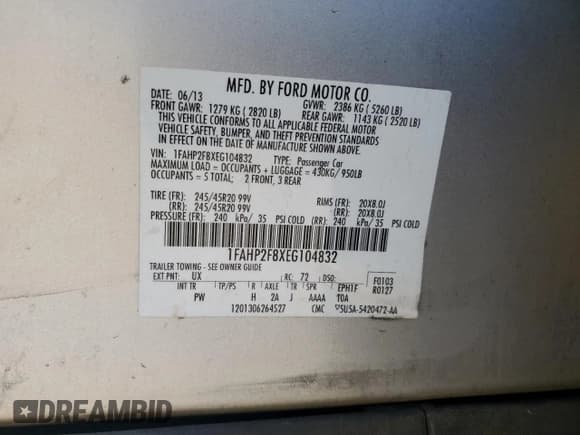 ✅ 2014 Ford Taurus Limited • VIN: 1FAHP2F8XEG104832 • Lot: 57575365. Listed on Copart with 135,409 mi. Free auction sales archive from the USA and detailed vehicle history report at DreamBid. Image 12.