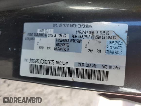 ✅ 2012 Mazda 5 Grand Touring • VIN: JM1CW2DL0C0120879 • Lot: 82966054. Listed on Copart with 220,334 mi. Free auction sales archive from the USA and detailed vehicle history report at DreamBid. Image 13.