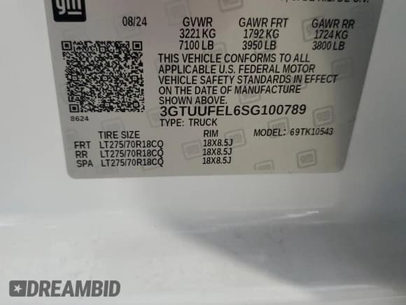 ✅ 2025 GMC Sierra 1500 AT4X • VIN: 3GTUUFEL6SG100789 • Лот: 87073965. Опубликован ранее на Copart с пробегом 7 170 миль. Бесплатный доступ к архиву аукционных продаж из США и подробный отчёт об истории автомобиля на DreamBid. Изображение 12.