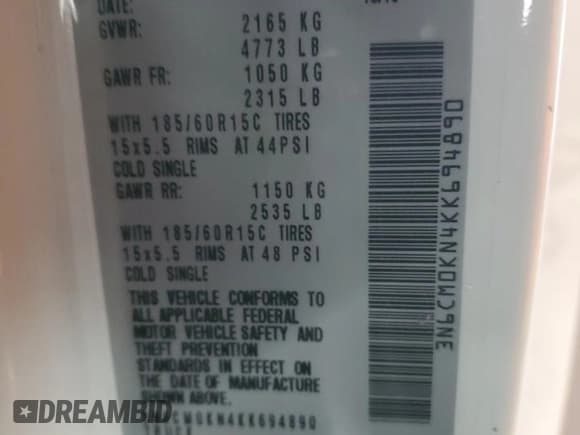 ✅ 2019 Nissan NV200 SV • VIN: 3N6CM0KN4KK694890 • Lot: 66815555. Listed on Copart with 64,414 mi. Free auction sales archive from the USA and detailed vehicle history report at DreamBid. Image 13.